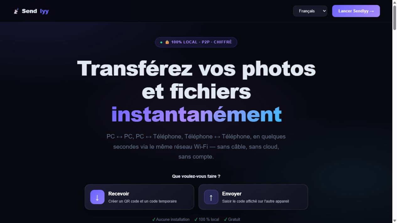 Actual screenshot of Sendlyy, a file transfer application